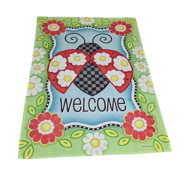 Ladybug Welcome Flowers double-sided House Flag Length 40" Width 28" - Picture 1 of 6